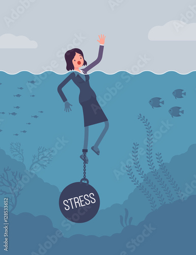 Businesswoman drowning chained with a weight Stress