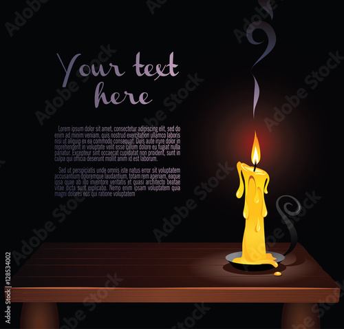 Vintage background. Candle burning in candlestick standing on old table. Wide copy space for text. 