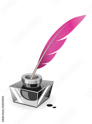 Vintage writing instruments. Vector illustration of feather quill pen standing in the bottle of ink.