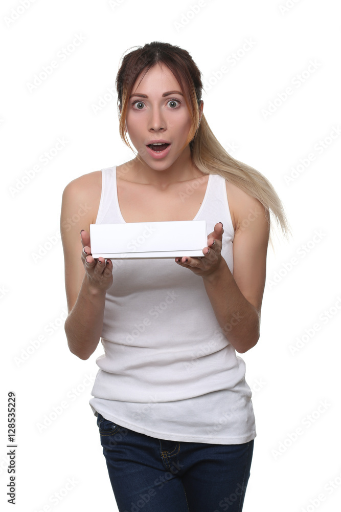 Woman with surprised face holding box. Close up. White background Woman with surprised face holding box. Close up. White background
