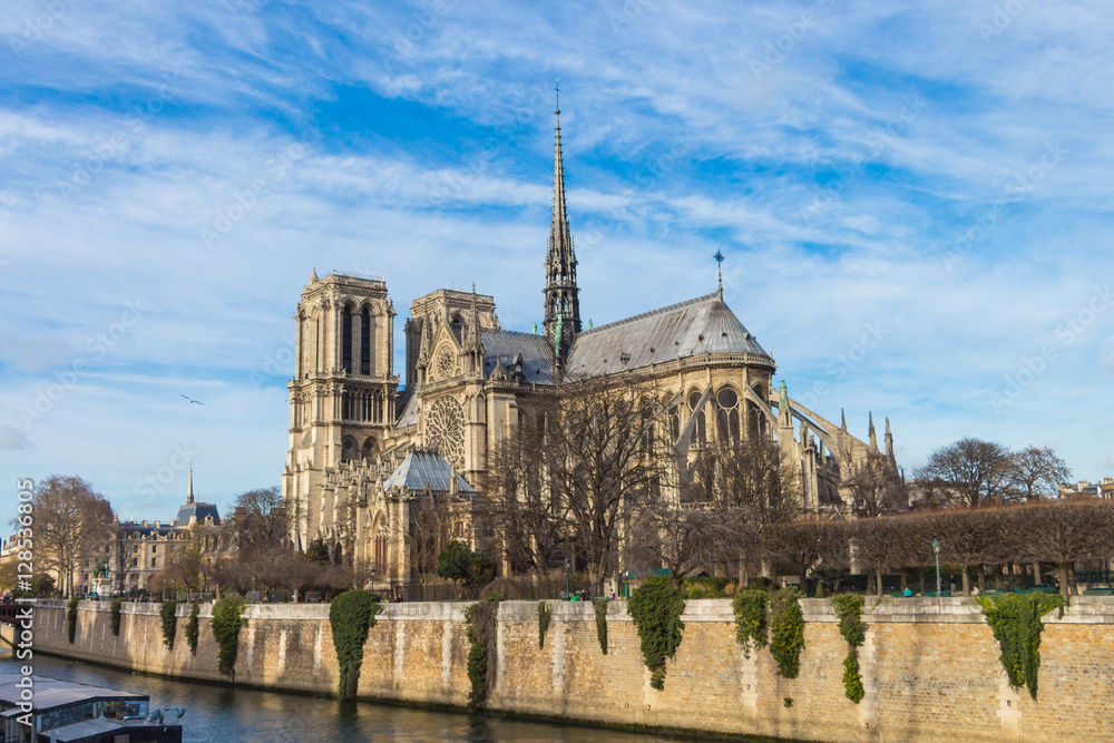 Seine river and Cathedral Notre Dame de Paris in december , Paris, France Seine river and Cathedral Notre Dame de Paris in december , Paris, France