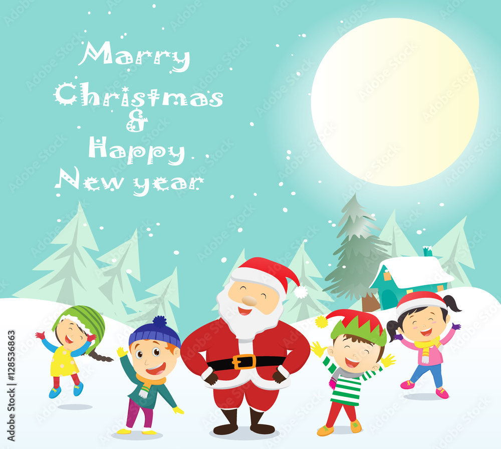 Merry Christmas And Happy New Year. Winter fun. happy children with santa Merry Christmas And Happy New Year. Winter fun. happy children with santa