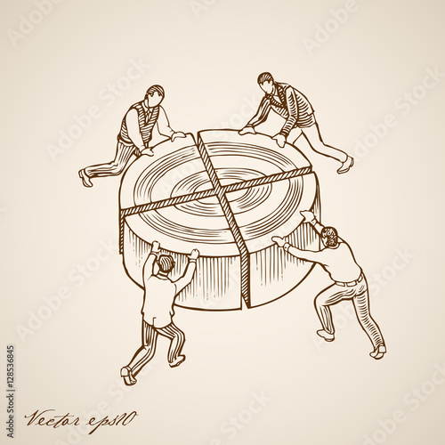Engraving hand vector men moving diagram segments forming pie
