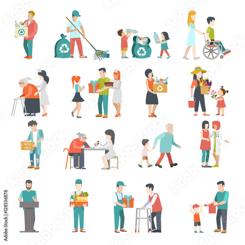Flat Social work man woman children medical old vector Recycling