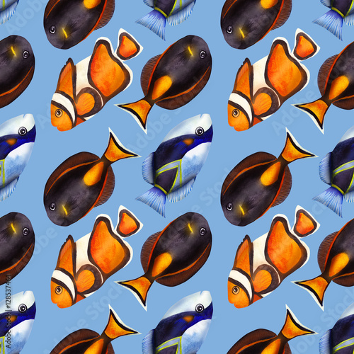 Seamless pattern with colorful watercolor fishes. Hand-drawn watercolour elements. Sea life.  photo