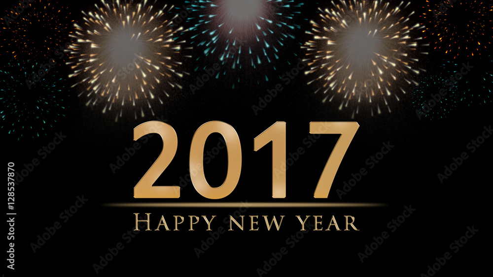 2017 New Year's eve illustration, card with colorful fireworks and golden Happy New Year text on black background 