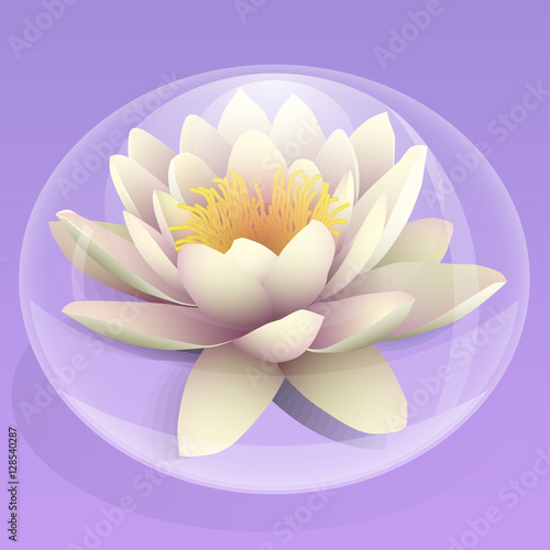 Logo lotus in a bubble. Lily flower in a drop of water on a background pattern . Line length of Buddhism  yoga and spa salon. Vector illustration