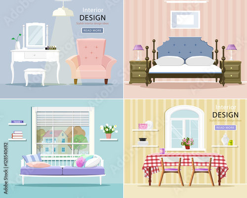 Modern room interiors set. Stylish graphic living room, bedroom and dining room. Flat style vector illustration.
