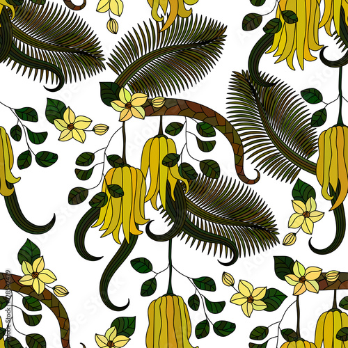 Pattern with tropical plants, flowers and citron