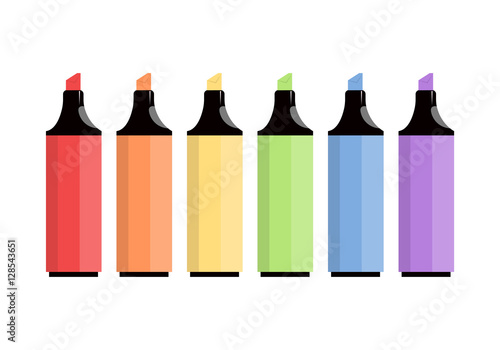 Colorful markers isolated. Set of markers on a light background. Six colored markers. Icons markers. Vector illustration.