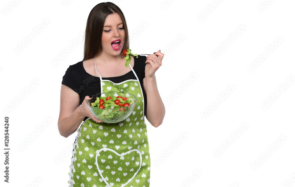 Young beautiful housewife woman cook. Isolated white background. Young beautiful housewife woman cook. Isolated white background.