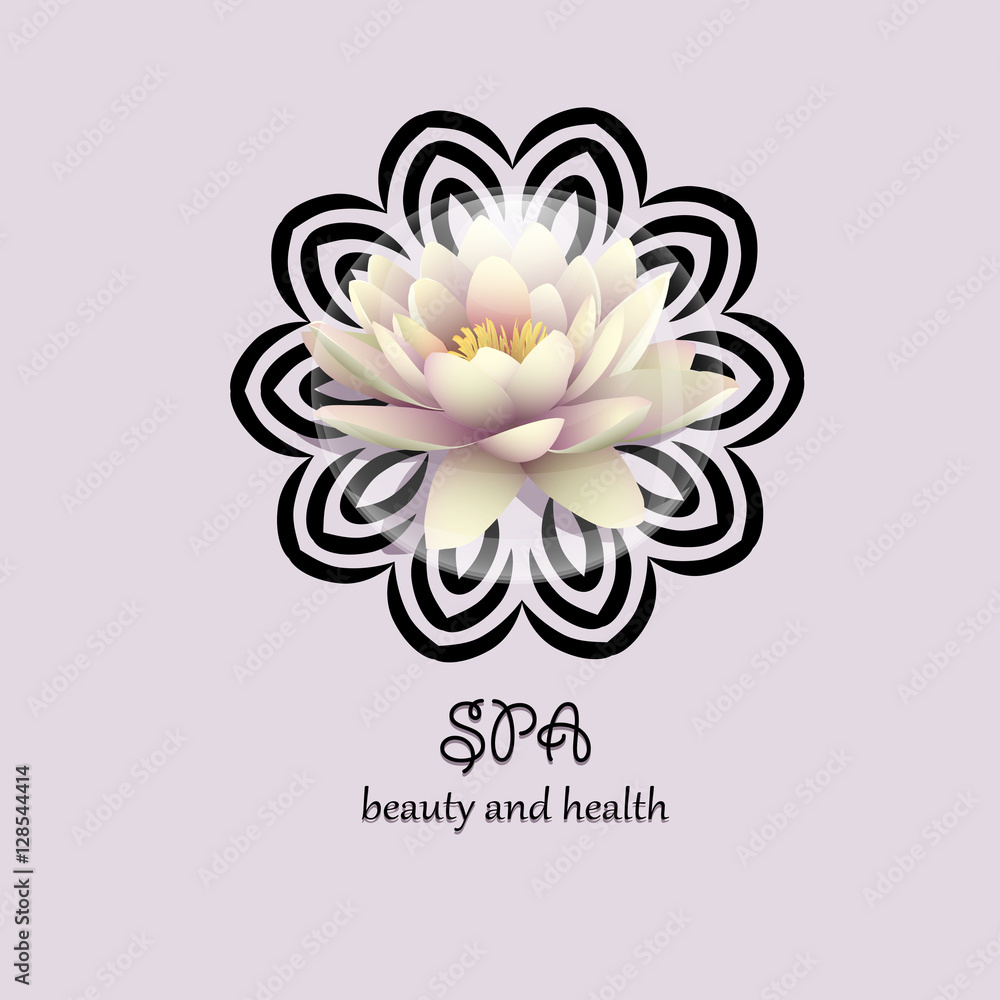 Logo lotus in a bubble. Lily flower in a drop of water on a background pattern mandala. Line length of Buddhism, yoga and spa salon. Logo lotus in a bubble. Lily flower in a drop of water on a background pattern mandala. Line length of Buddhism, yoga and spa salon.