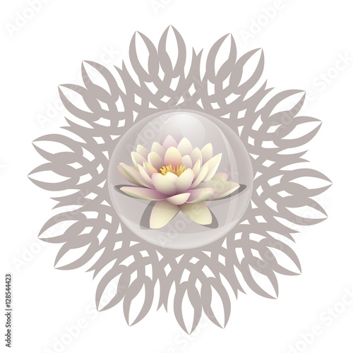 Logo lotus in a bubble. Lily flower in a drop of water on a background pattern mandala. Line length of Buddhism, yoga and spa salon. 