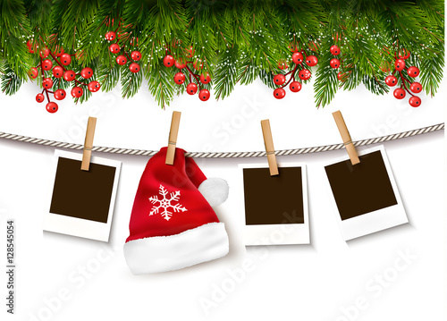 Christmas background with photos and a Santa hat. Vector.