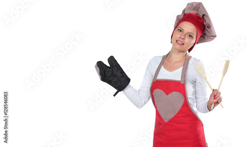 young attractive home cook woman in red apron and hat posing isolated on white background in chef and successful cooking
