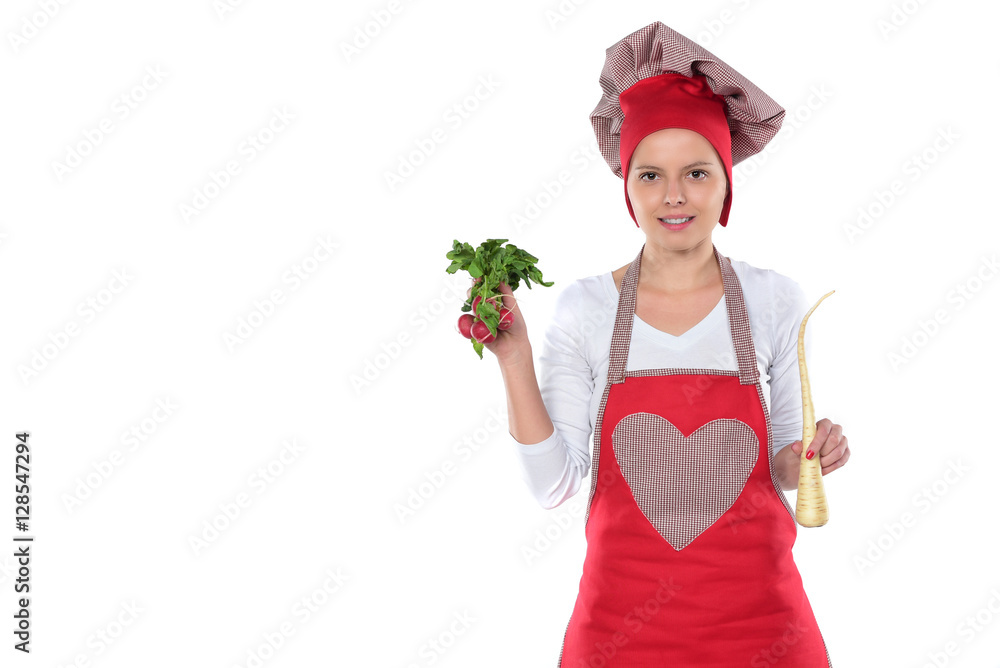 young attractive home cook woman in red apron and hat posing isolated on white background in chef and successful cooking young attractive home cook woman in red apron and hat posing isolated on white background in chef and successful cooking