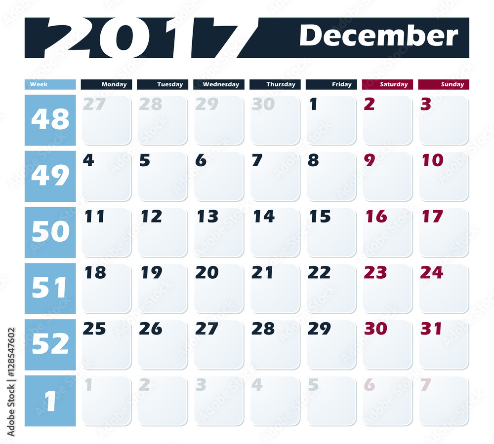 Calendar 2017 December vector design template. Week starts with Monday. European version Calendar 2017 December vector design template. Week starts with Monday. European version