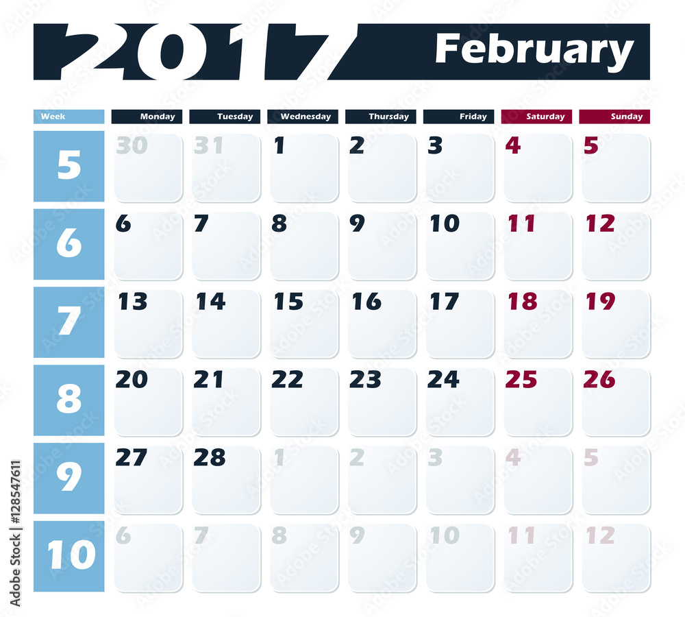 Calendar 2017 February vector design template. Week starts with Monday. European version Calendar 2017 February vector design template. Week starts with Monday. European version