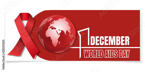 Horizontal banner for World AIDS Day. 1 December. Red Ribbon on a background of the Globe. Aids Awareness. Vector illustration