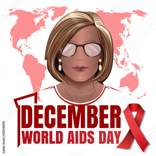 World Aids Day poster design. Aids Awareness. Young woman on world map background. 1 December. Vector illustration