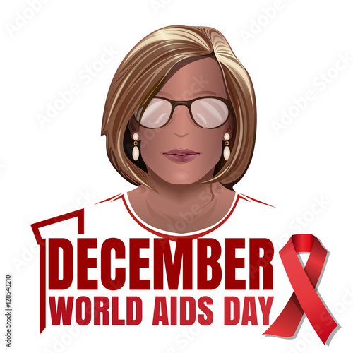 World Aids Day design. Aids Awareness. 1 December. Woman with a red ribbon on his chest. Vector illustration isolated on white background