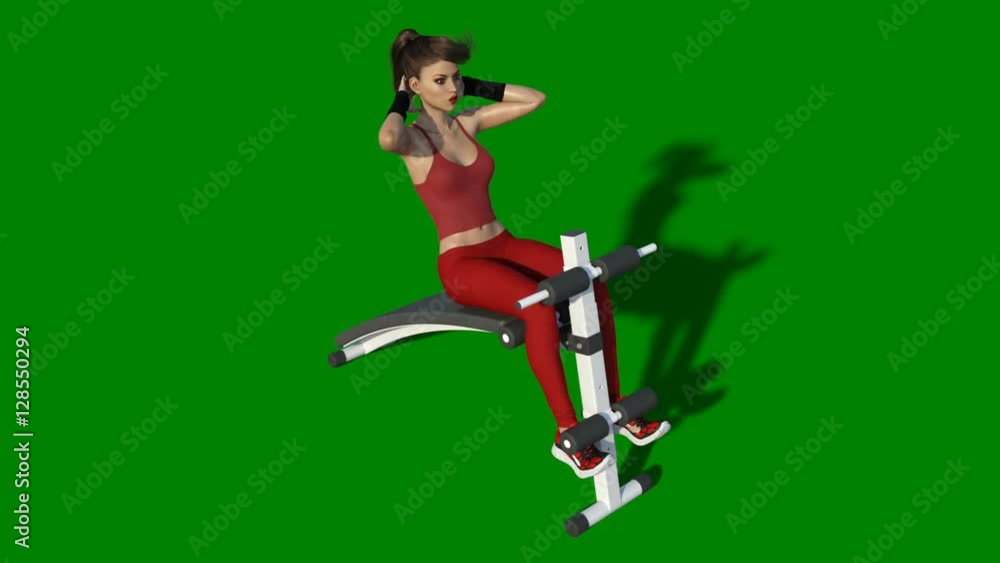 Fitness girl working out crunches on bench, athletic woman exercising abdominal muscles, green background Fitness girl working out crunches on bench, athletic woman exercising abdominal muscles, green background