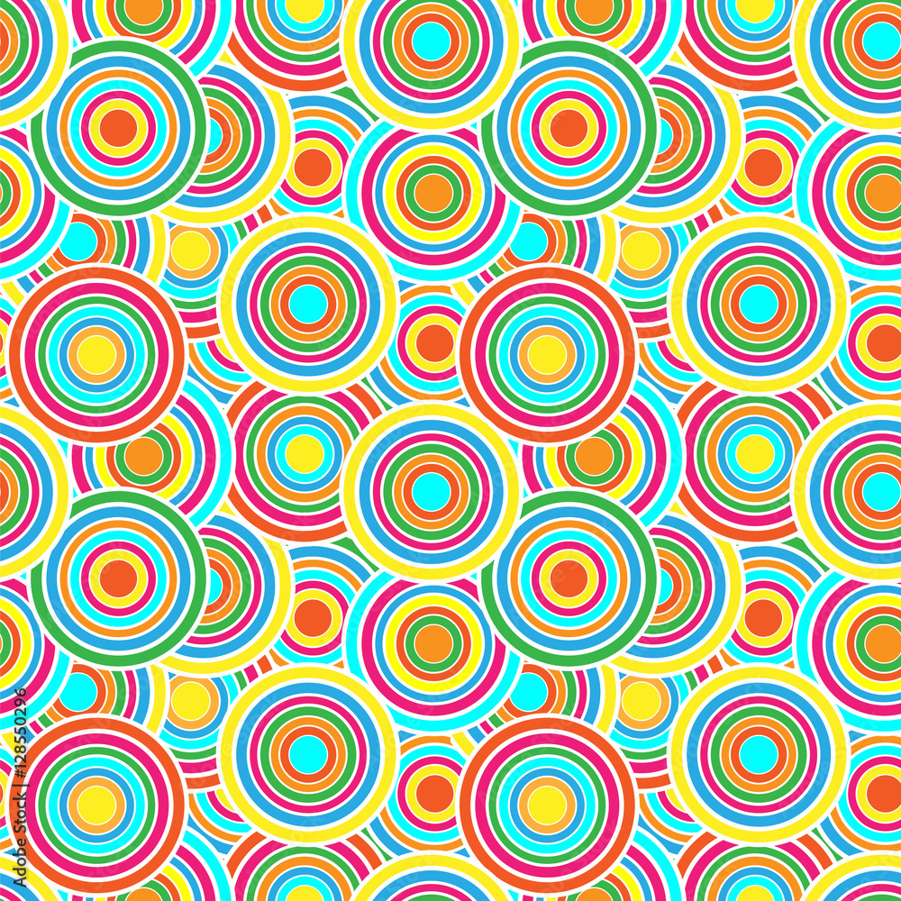 Red, yellow and blue circles seamless vector pattern. 