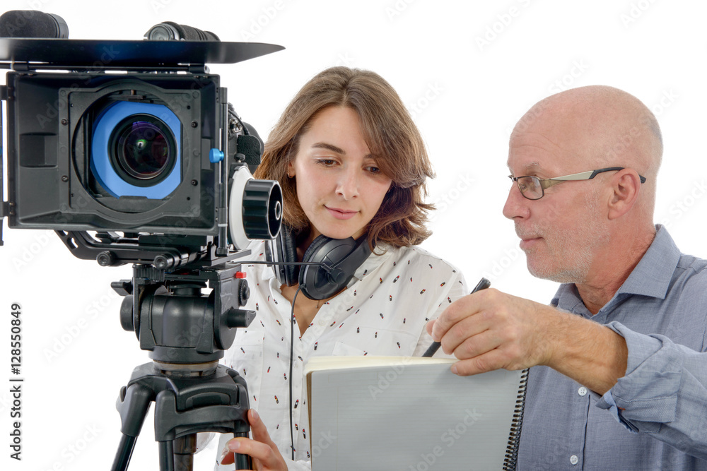 young woman cameraman and the mature man