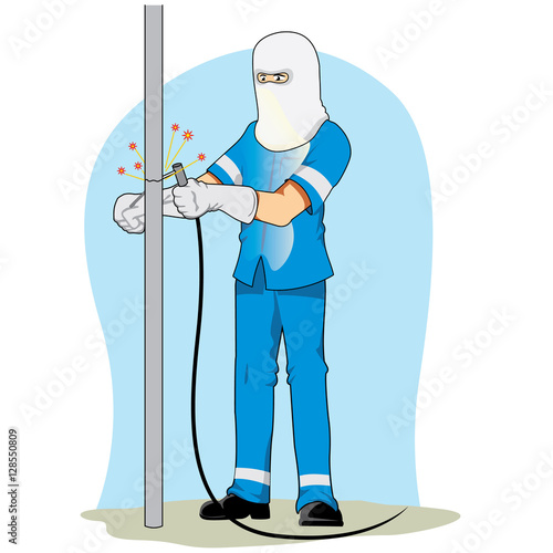 Illustration of a worker using safety equipment to weld an iron. Ideal for safety information at work