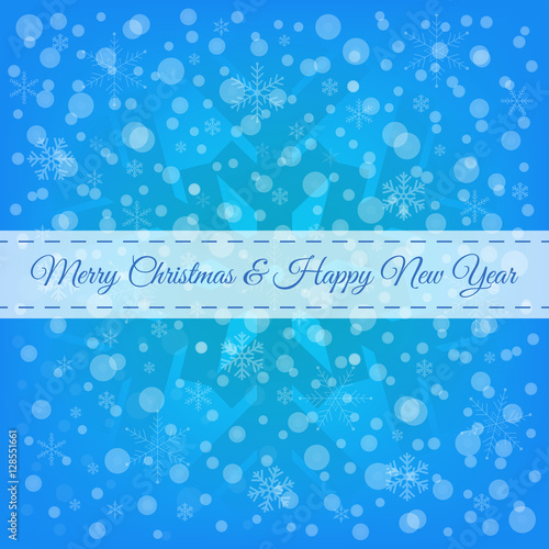 Merry Christmas & Happy New Year greeting card, blue and white snowflakes background vector