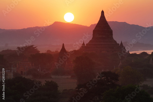 Beautiful scenery during sunrise sunset at the pagoda of Bagan in Myanmar. is a beautiful landscape and very popular for tourists and photographer