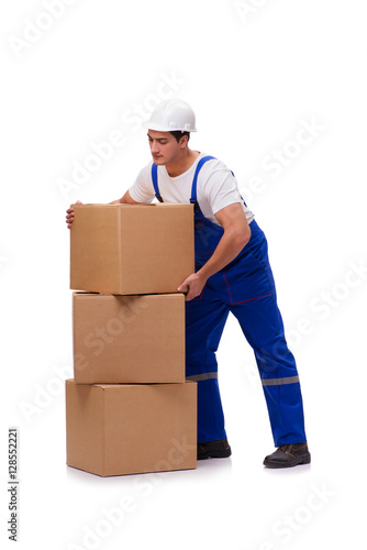 Man with boxes isolated on white © Elnur