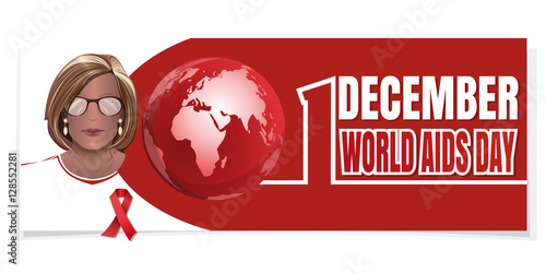World AIDS Day concept design. Horizontal banner. Woman with a red ribbon on his chest. 1 December. Vector illustration