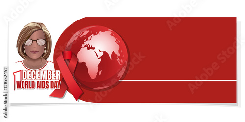World AIDS Day. Woman with a red ribbon on his chest. Aids Awareness. 1 December. Horizontal banner. Vector illustration