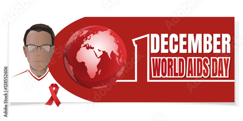 World AIDS Day concept design. Horizontal banner. Man with a red ribbon on his chest. 1 December. Vector illustration