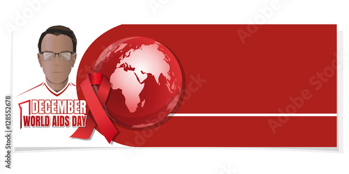 World AIDS Day. Man with a red ribbon on his chest. Aids Awareness. 1 December. Horizontal banner. Vector illustration