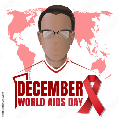World Aids Day poster design. Aids Awareness. Young man on world map background. 1 December. Vector illustration