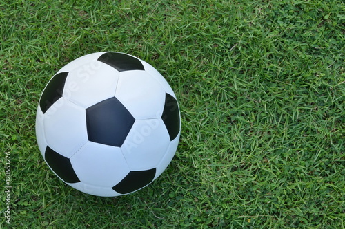 Football or soccer ball on the lawn with copy space for text outdoor activities