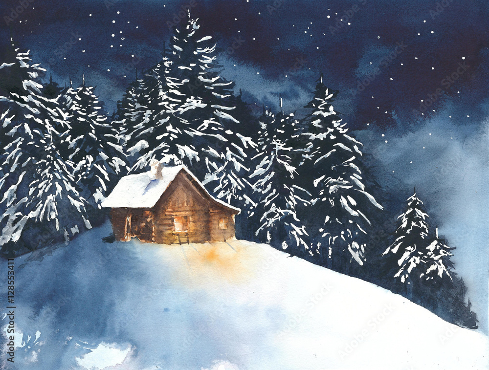 Obraz Domowa kabina w drewnach w lasowej akwarela obrazu ilustraci kartka z pozdrowieniami bożych narodzeniach