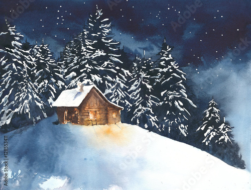 Obraz na płótnie Domowa kabina w drewnach w lasowej akwarela obrazu ilustraci kartka z pozdrowieniami bożych narodzeniach
