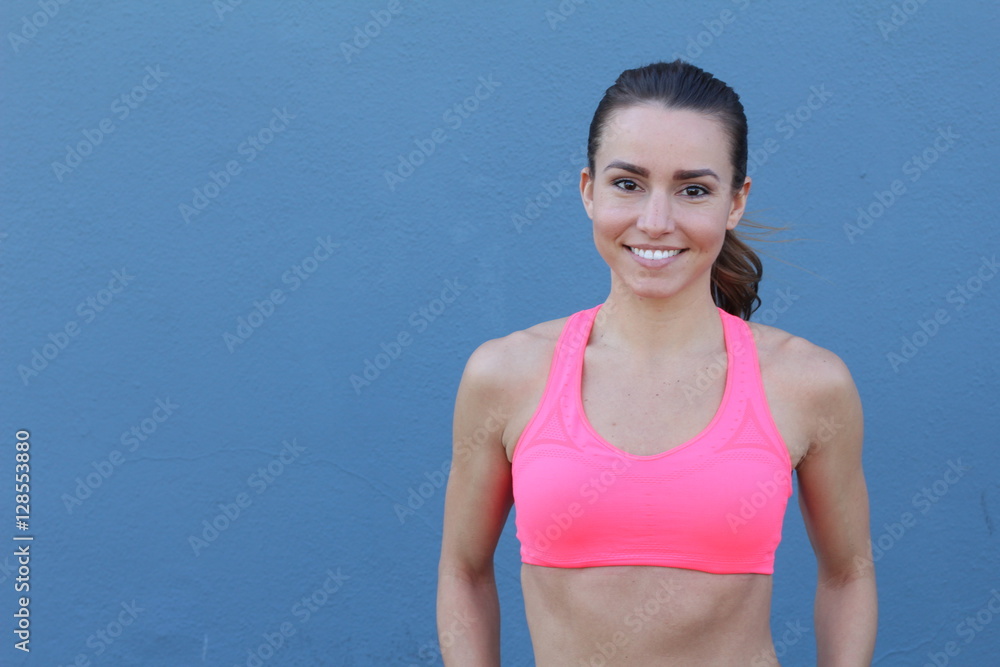 Fitness female woman with muscular body, do her workout, abs, abdominals with copy space Fitness female woman with muscular body, do her workout, abs, abdominals with copy space