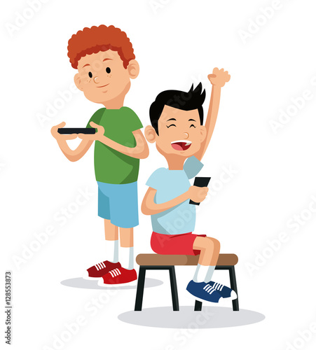 two gamers video game with device mobile vector illustration eps 10