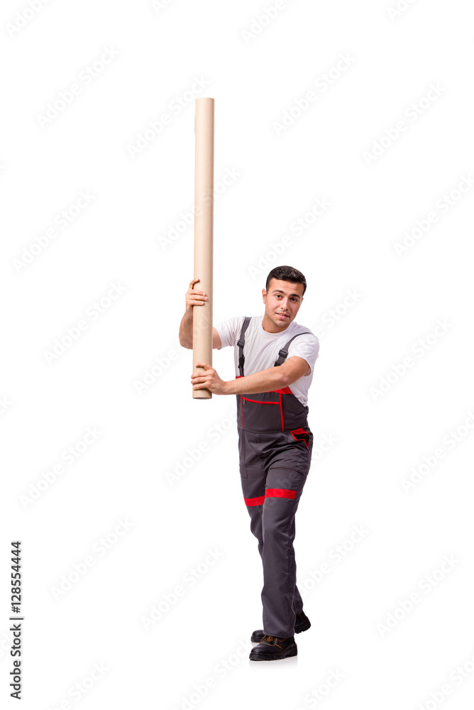 Plumber with plastic pipe isolated on white Plumber with plastic pipe isolated on white