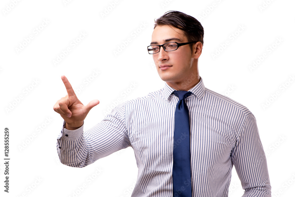 Young handsome businessman pressing buttons isolated on white Young handsome businessman pressing buttons isolated on white