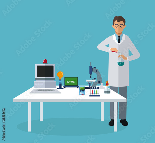 medical scientist experiment laboratory elements on table vector illustration eps 10
