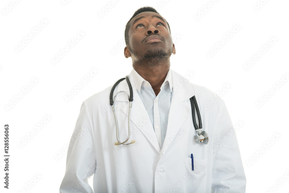 Closeup portrait of clueless black doctor health care professional, with stethoscope. Closeup portrait of clueless black doctor health care professional, with stethoscope.