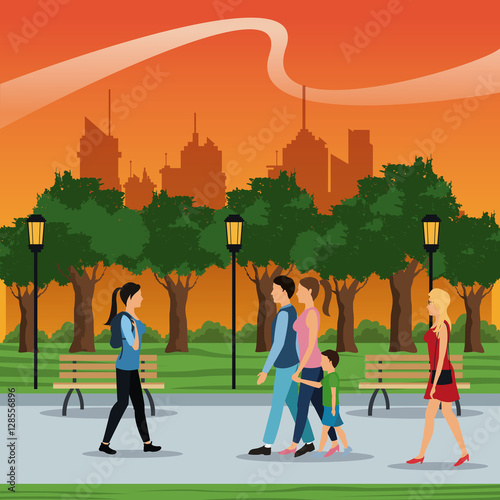 people walking city park brench lamp postlight trees sunset vector illustration eps 10