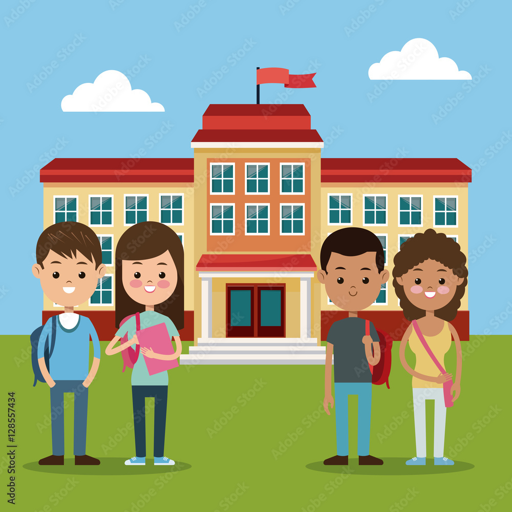 back to school group students boys and girls school building vector illustration eps 10