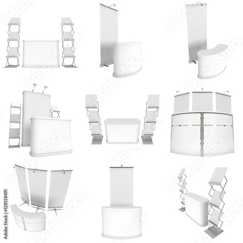 Trade show booth set. Roll-Up, Pop-Up with Reception Desk. 3d render isolated on white background. 3d render isolated on white background. Floor Stands Collection. Ad template for your expo design.