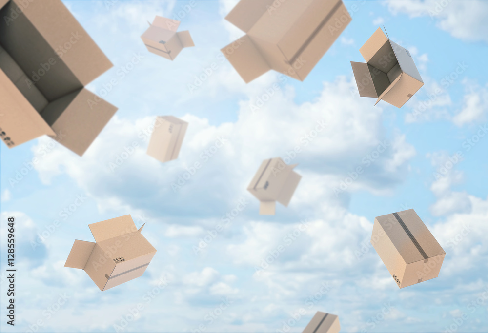 Rendering of open empty light beige cardboard mail boxes falling from the blue cloudy sky.